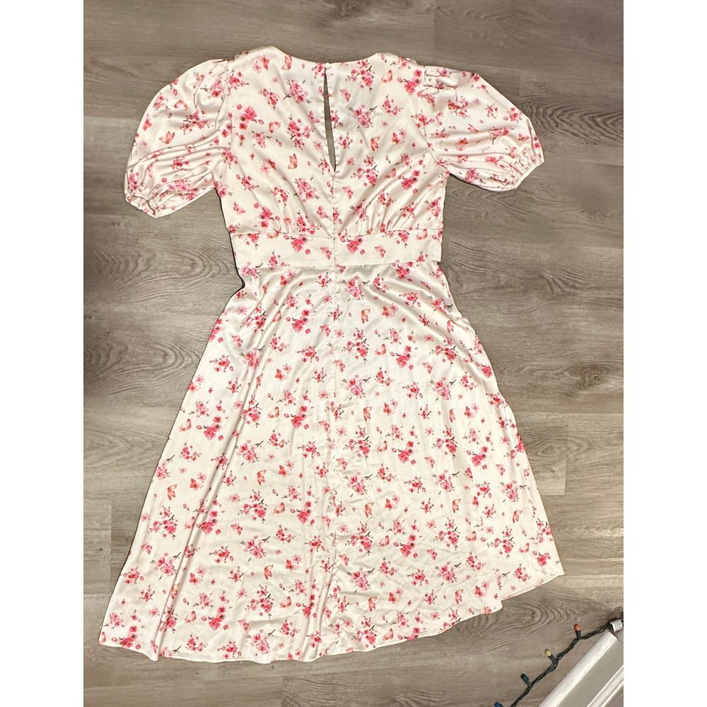 Alexia Admor "Nola" Puffy Sleeve Ivory Pink Floral Fit N' Flare Midi Dress Sz 12 - Picture 4 of 9